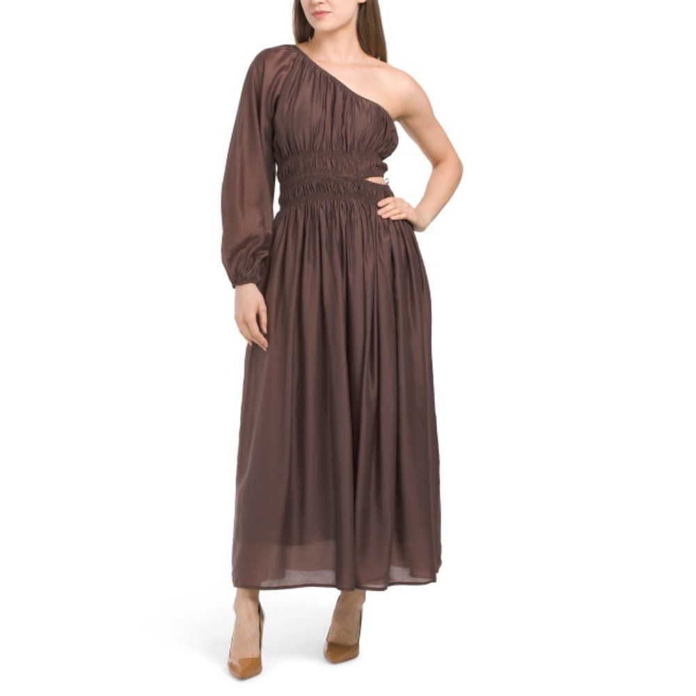 MOON RIVER Chocolate One Shoulder Cut Out Midi Dress